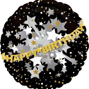 Happy Birthday Balloon - Prismatic Black. Gold & Silver. 32in