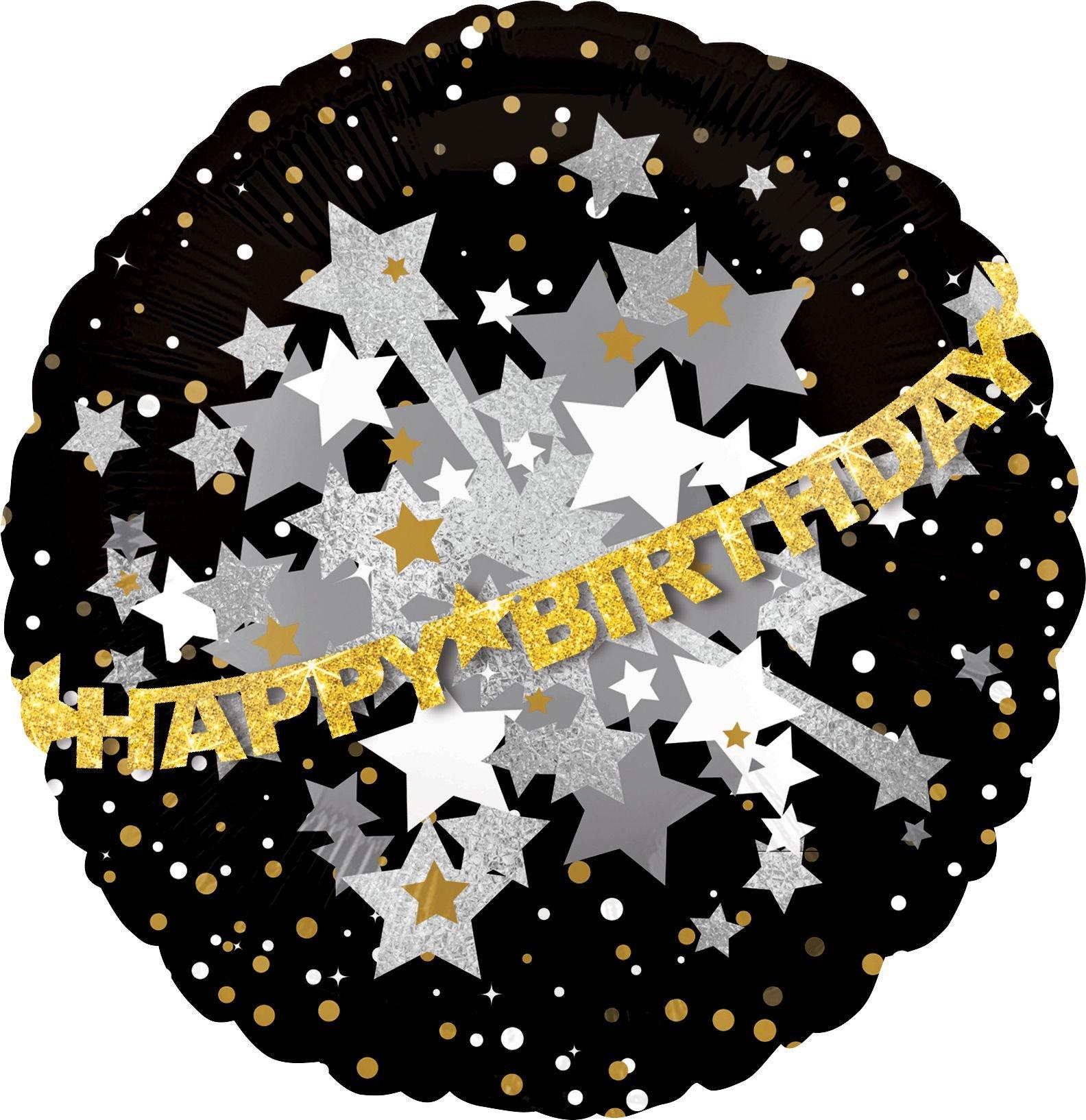Happy Birthday Balloon - Prismatic Black. Gold & Silver. 32in