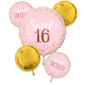 Blush Pink & Gold Sweet 16 Birthday Foil Balloon Bouquet. 5pc