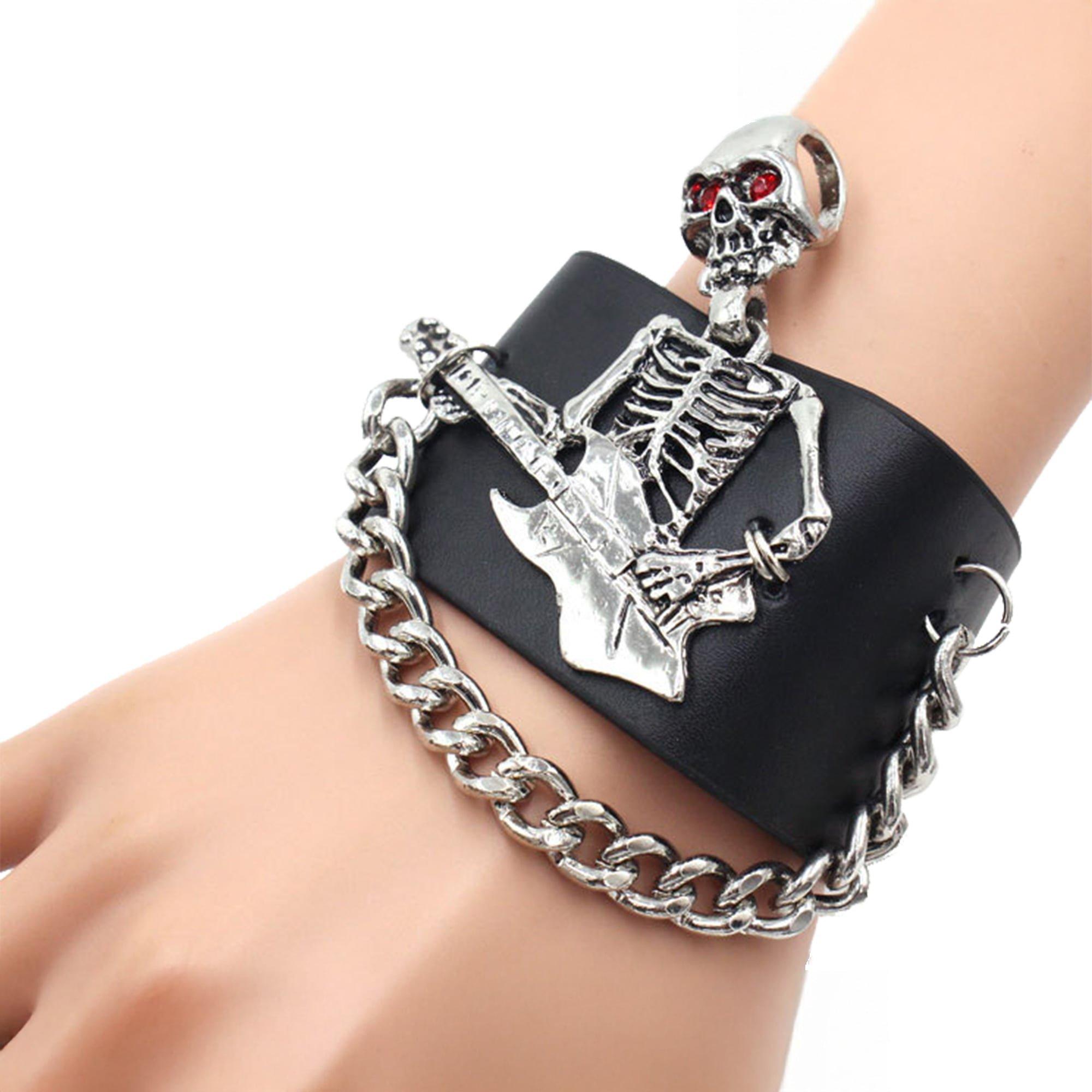 Rock Skeleton Faux Leather & Metal Wrist Cuff with Chain - Image 2