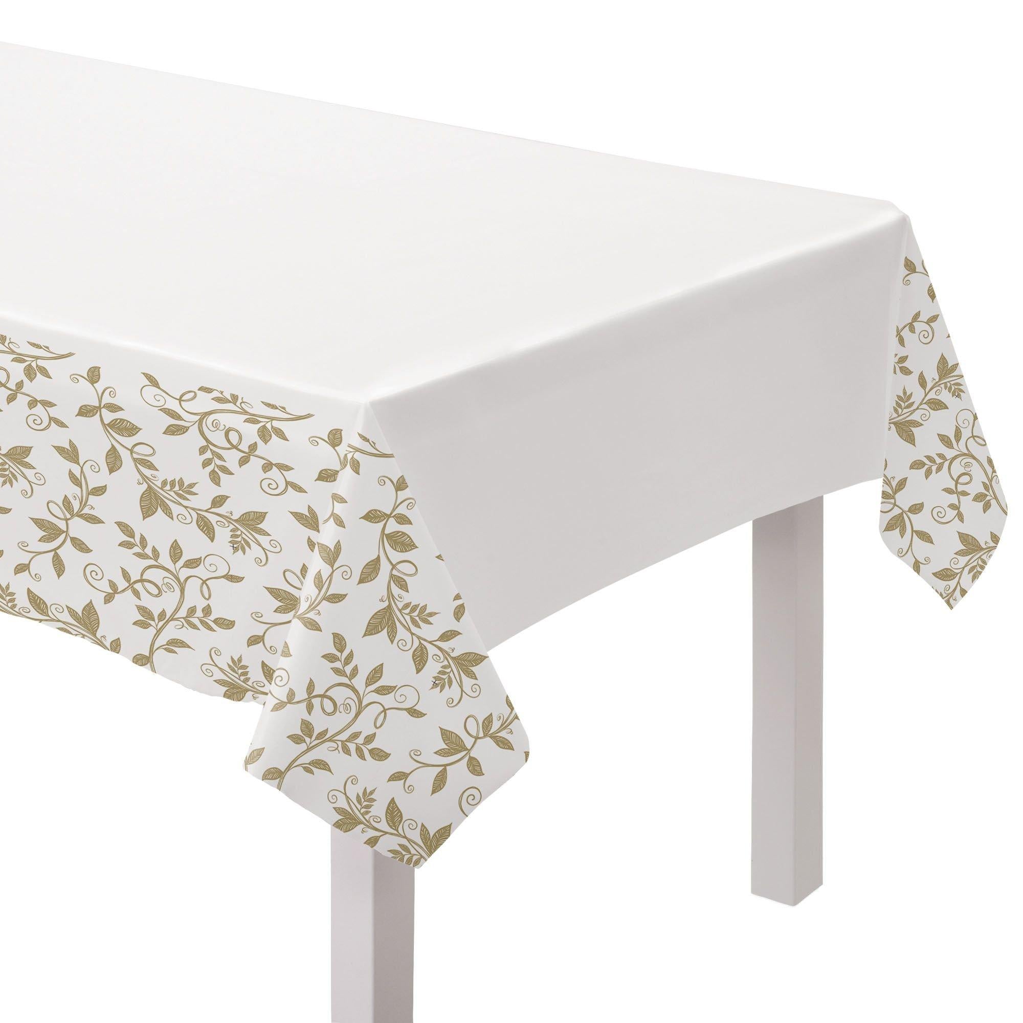 Gold & White 50th Anniversary Plastic Table Cover. 54in x 102in