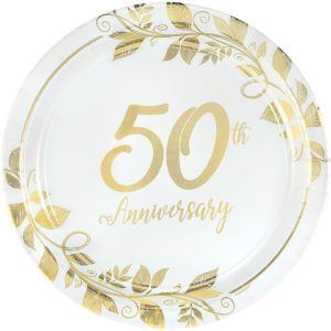 Metallic Gold Happy 50th Anniversary Paper Dinner Plates. 10.5in. 8ct