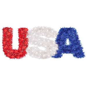 Hanging Red. White & Blue USA Tinsel Decoration. 22.8in x 8.3in