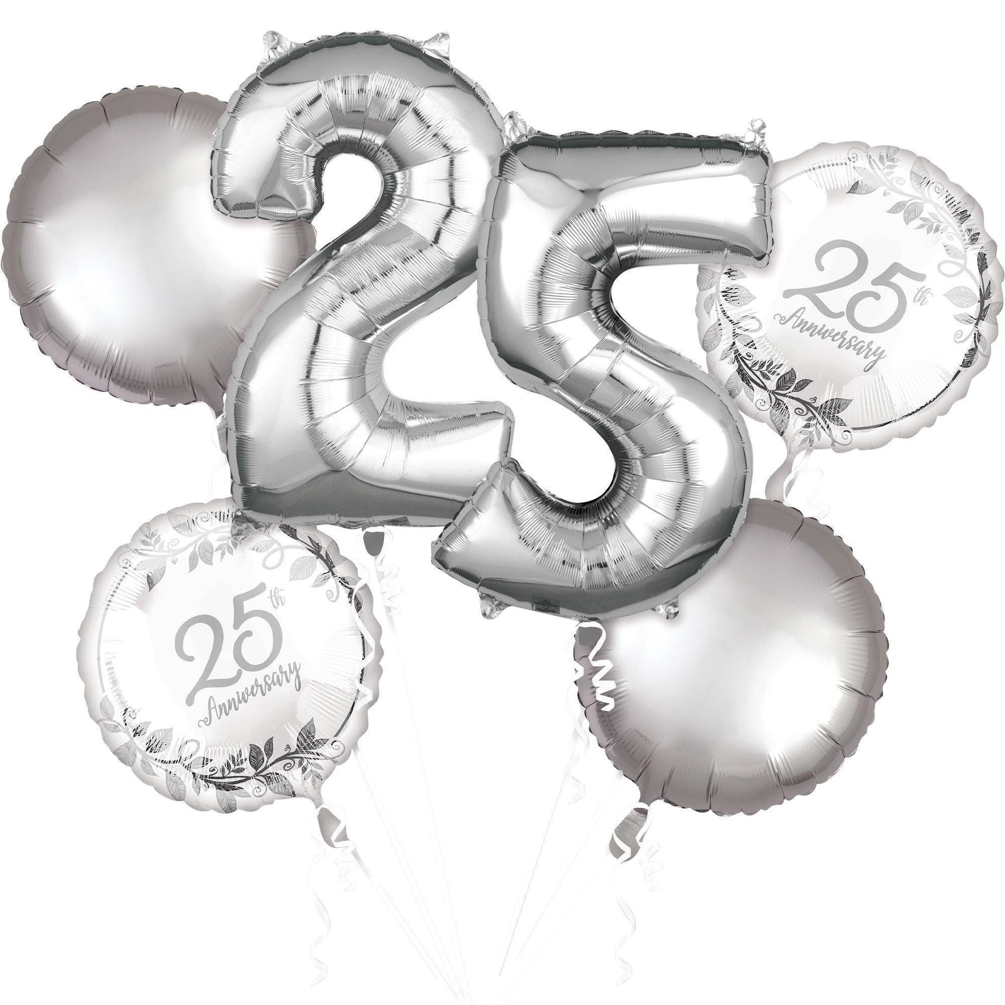 Silver 25th Anniversary Foil Balloon Bouquet. 5pc