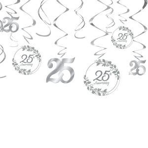 Silver 25th Anniversary Swirl Decorations. 12ct