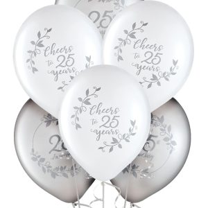 Silver & White 25th Anniversary Latex Balloons. 12in. 15ct