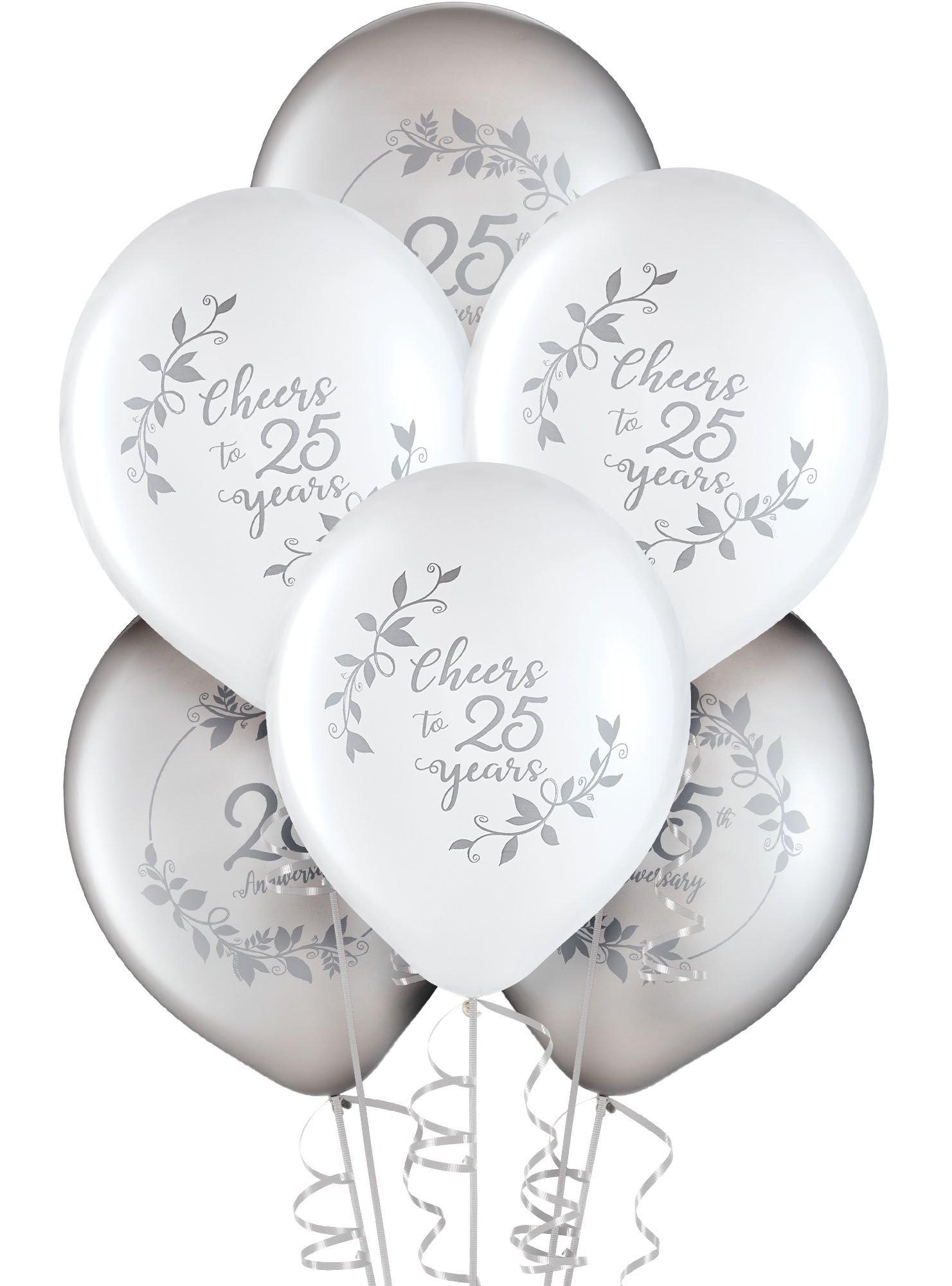 Silver & White 25th Anniversary Latex Balloons. 12in. 15ct