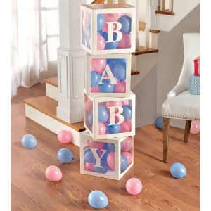 White Pop-Up Baby Block Decorations with Blue & Pink Mini Latex Balloons. 11.75in