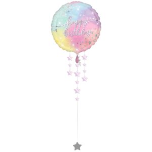 Iridescent Luminous Happy Birthday Foil Balloon with Weight Tail. 35in