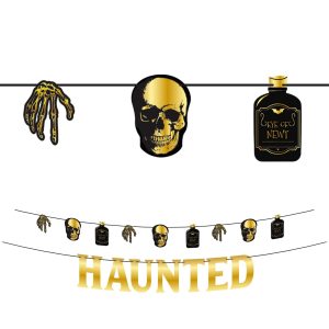Metallic Glam Boneyard Black & Gold Haunted Banners. 2ct