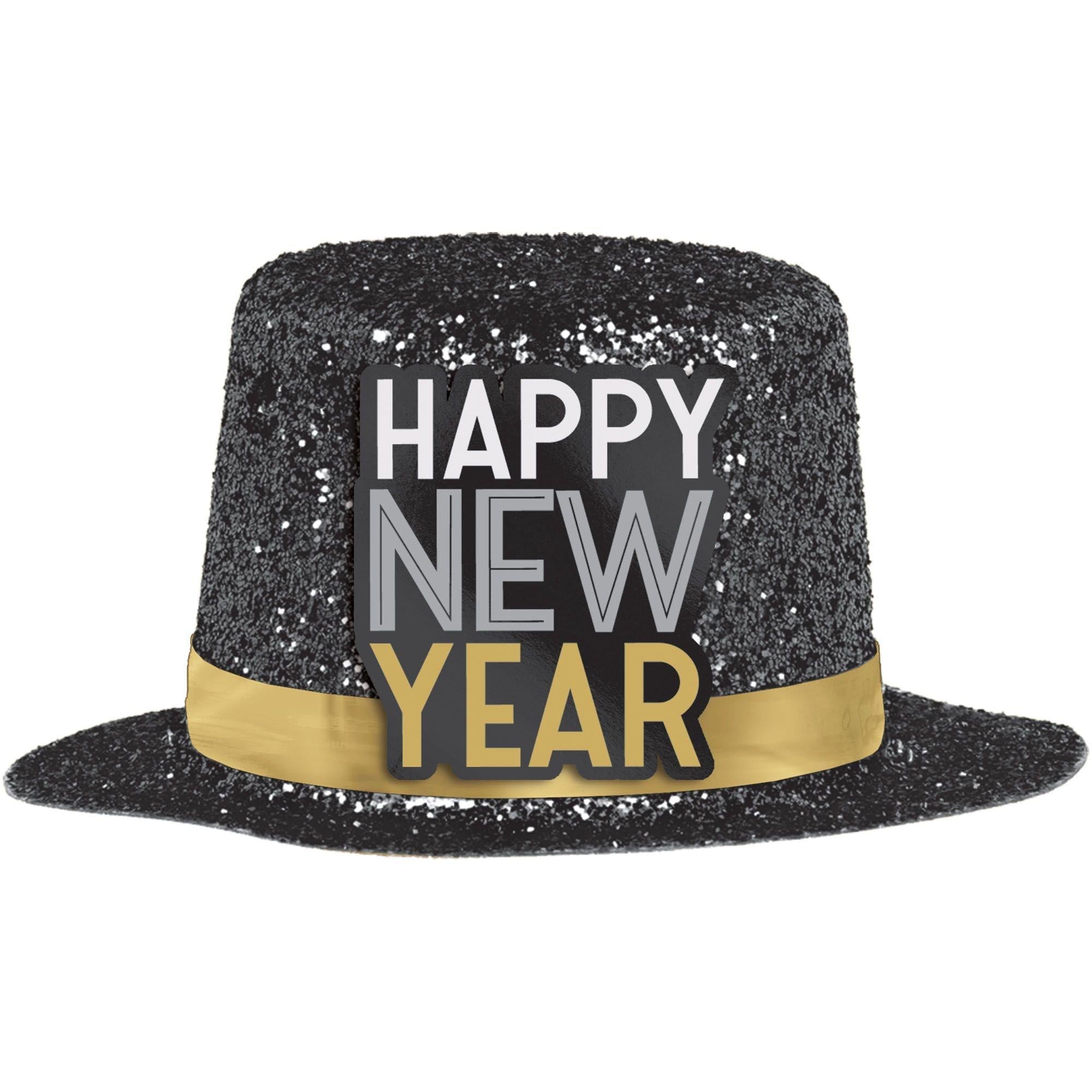 Glitter Black New Year's Mini Plastic & Cardstock Top Hat. 2in
