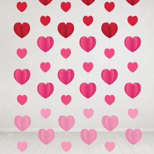 Red & Pink Dimensional Heart Paper String Decorations. 7ft. 6pc