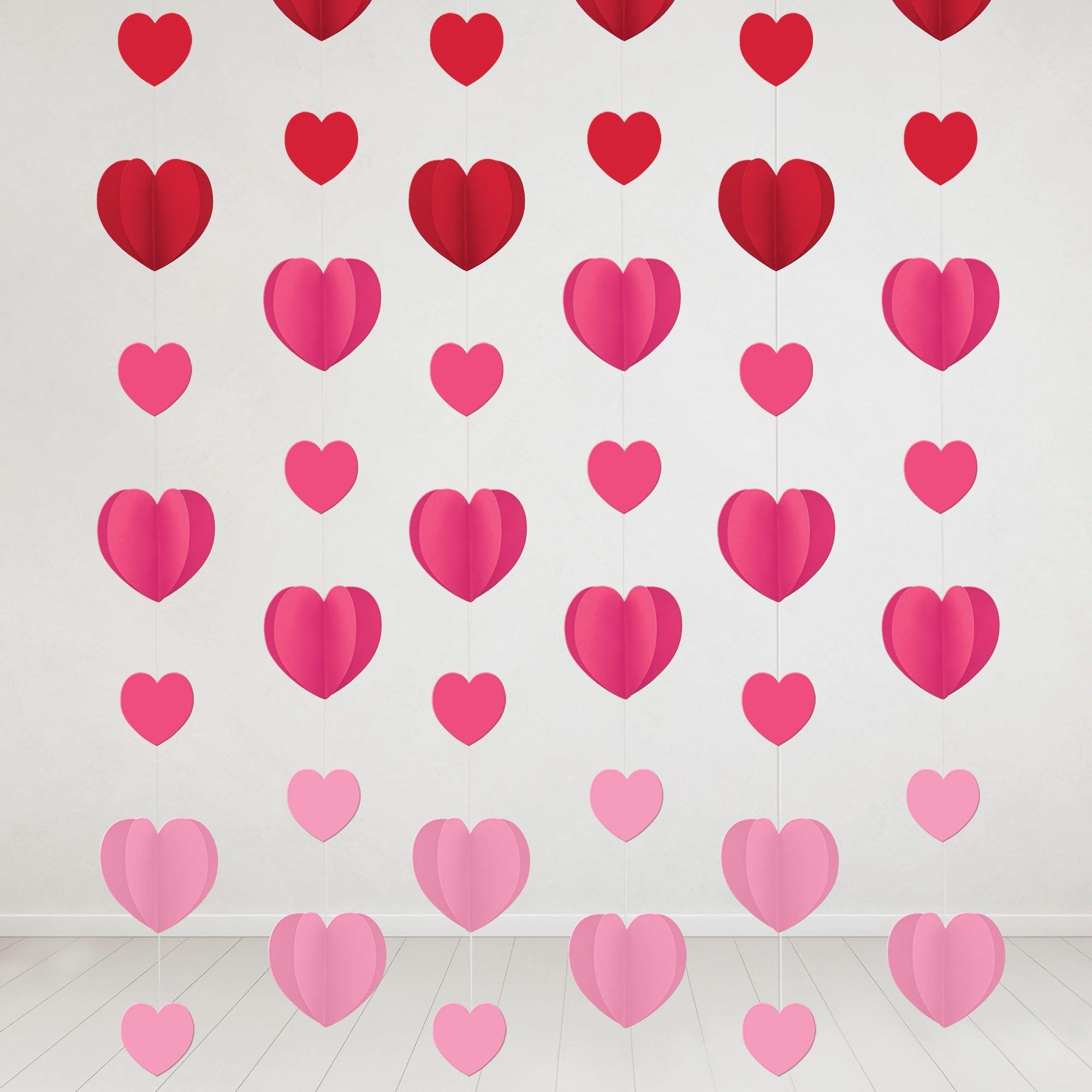 Red & Pink Dimensional Heart Paper String Decorations. 7ft. 6pc