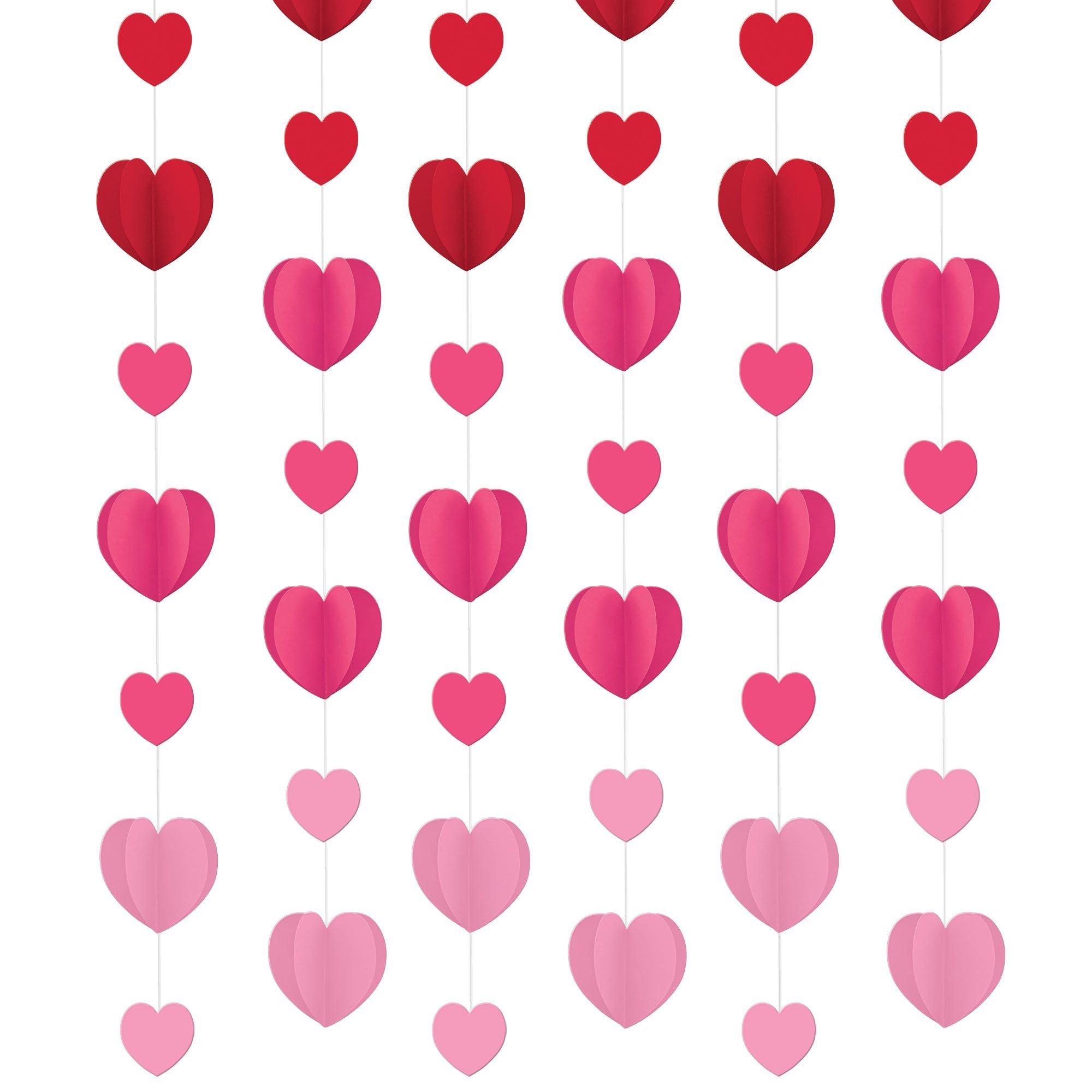 Red & Pink Dimensional Heart Paper String Decorations. 7ft. 6pc - Image 2