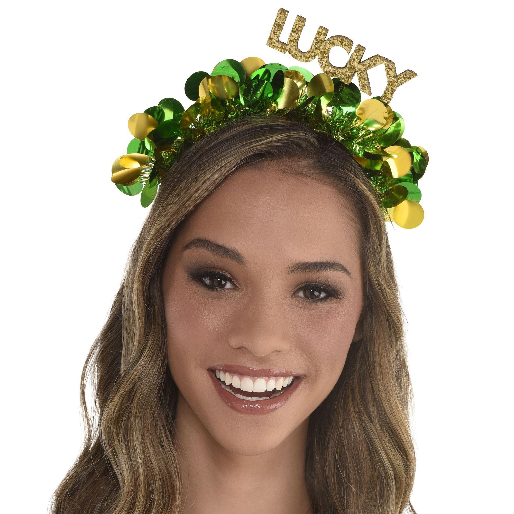 Glitter Lucky St. Patrick's Day Tinsel & Plastic Head Bopper. 6.6in x 6.8in - Image 2