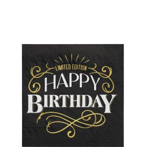 Black & Gold Happy Birthday Paper Beverage Napkins. 5in. 16ct - Better With Age
