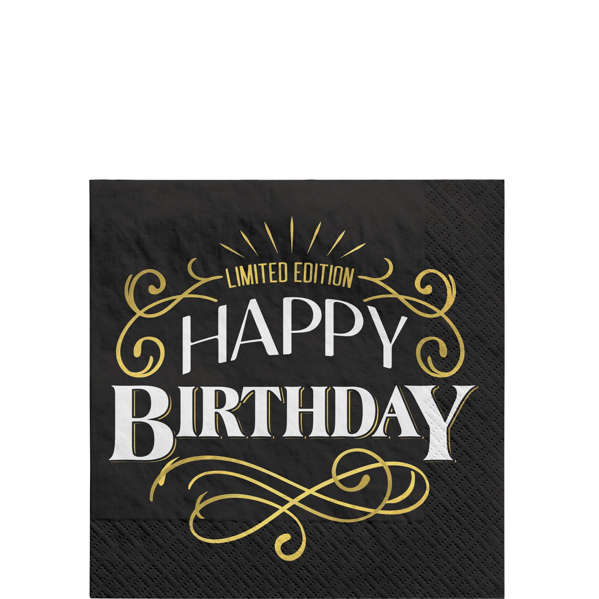 Black & Gold Happy Birthday Paper Beverage Napkins. 5in. 16ct - Better With Age