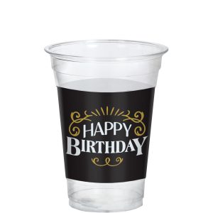 Black & Gold Happy Birthday Plastic Cups. 16oz. 25ct - Better With Age