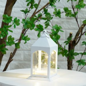 White Metal Lantern with Flickering LED Fairy Lights. 4in x 8in