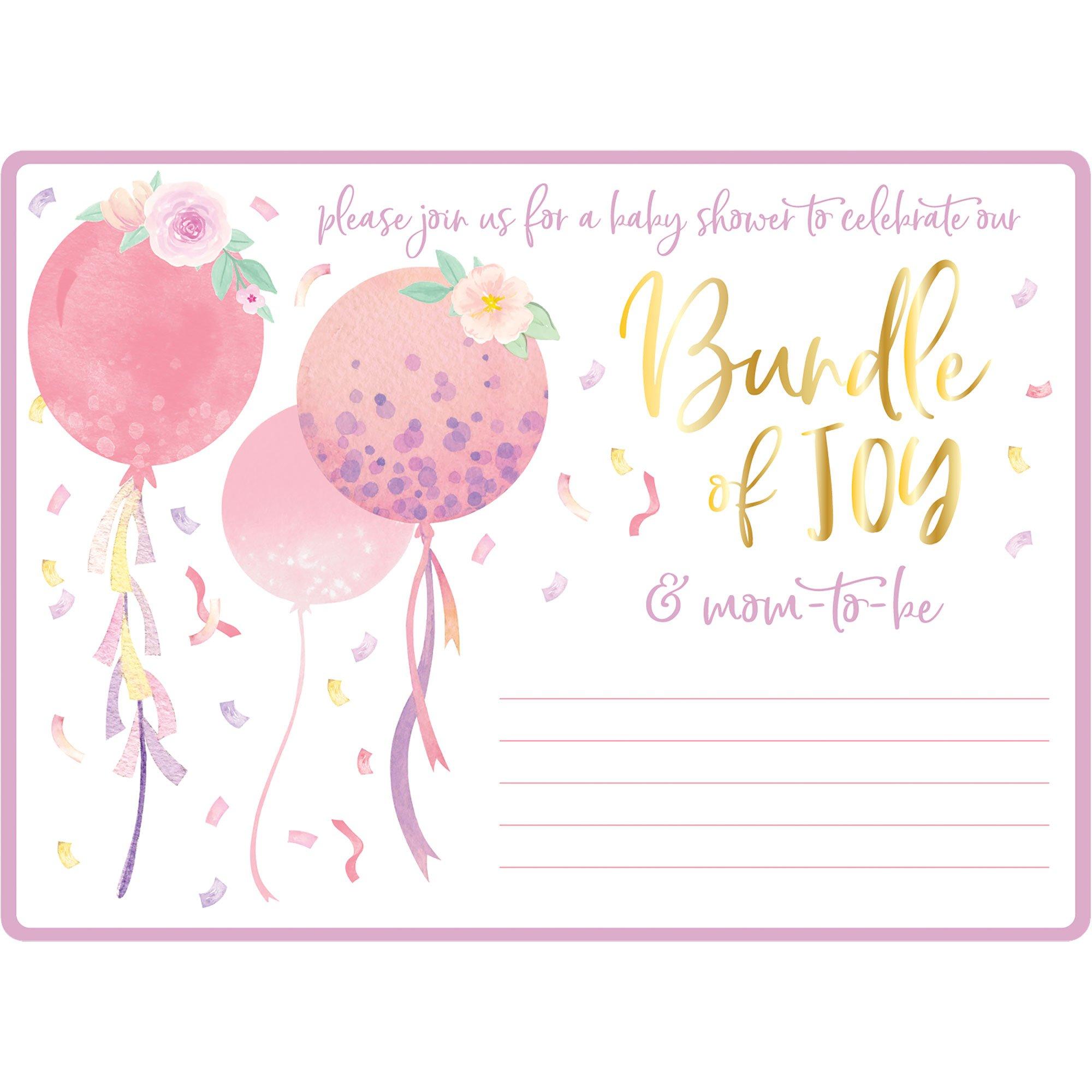 Pink Balloons & Confetti Baby Shower Cardstock Invitations. 8ct