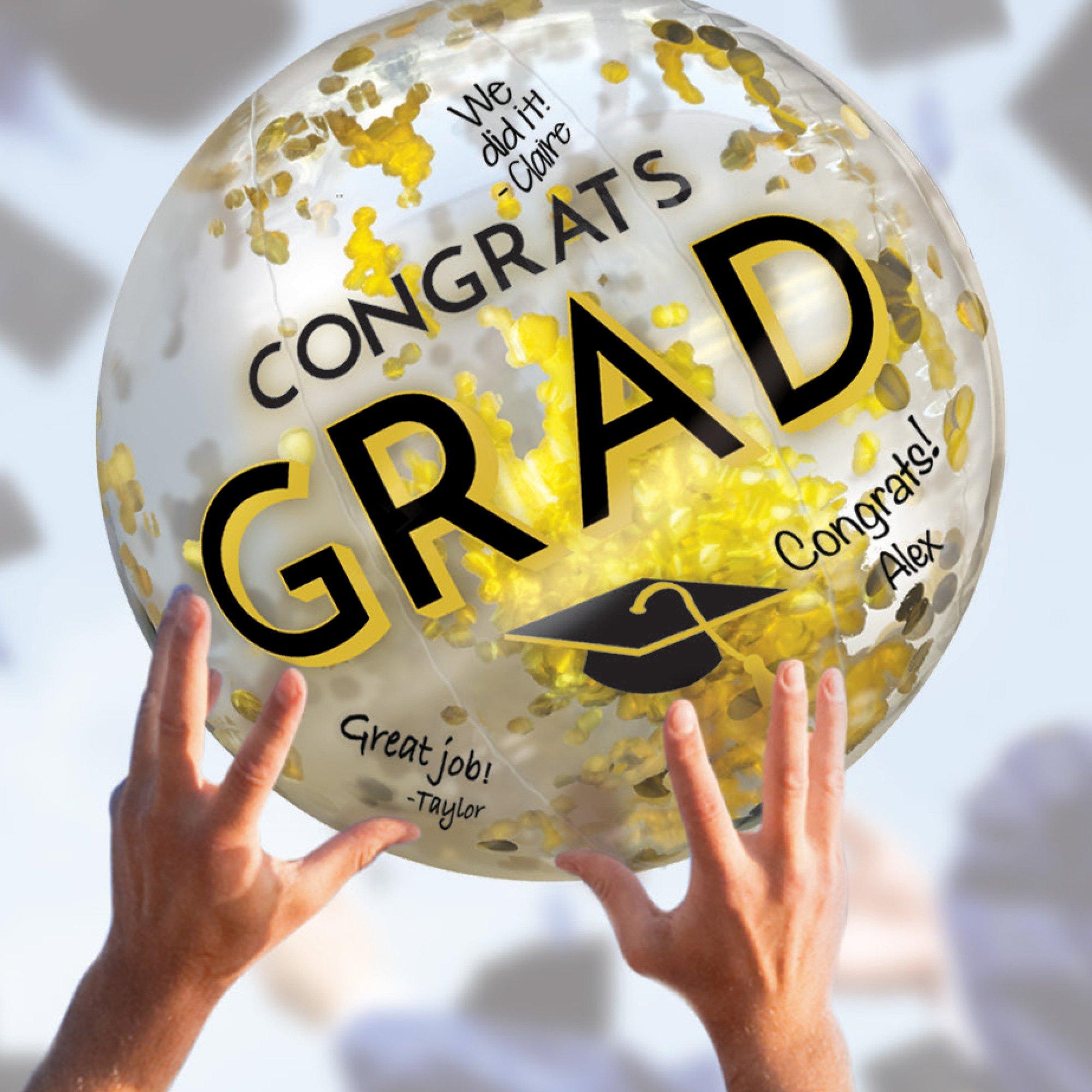 Black. Silver. & Gold Congrats Grad Confetti Beach Ball. 24in - Image 2