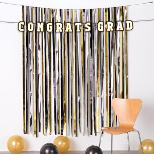 Black. Silver. & Gold Congrats Graduation Fringe Curtain Backdrop Kit. 4ft x 6ft. 2pc