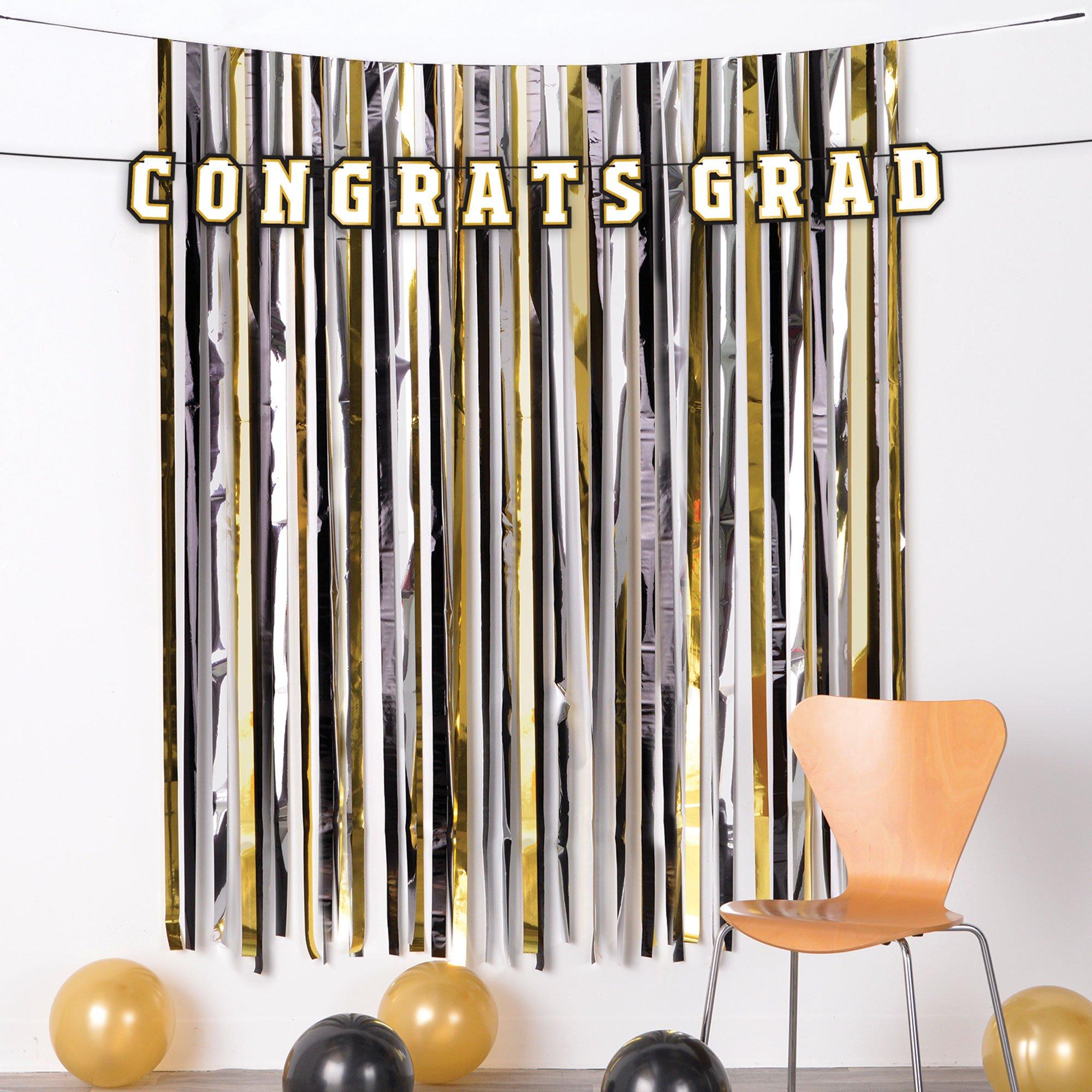 Black. Silver. & Gold Congrats Graduation Fringe Curtain Backdrop Kit. 4ft x 6ft. 2pc