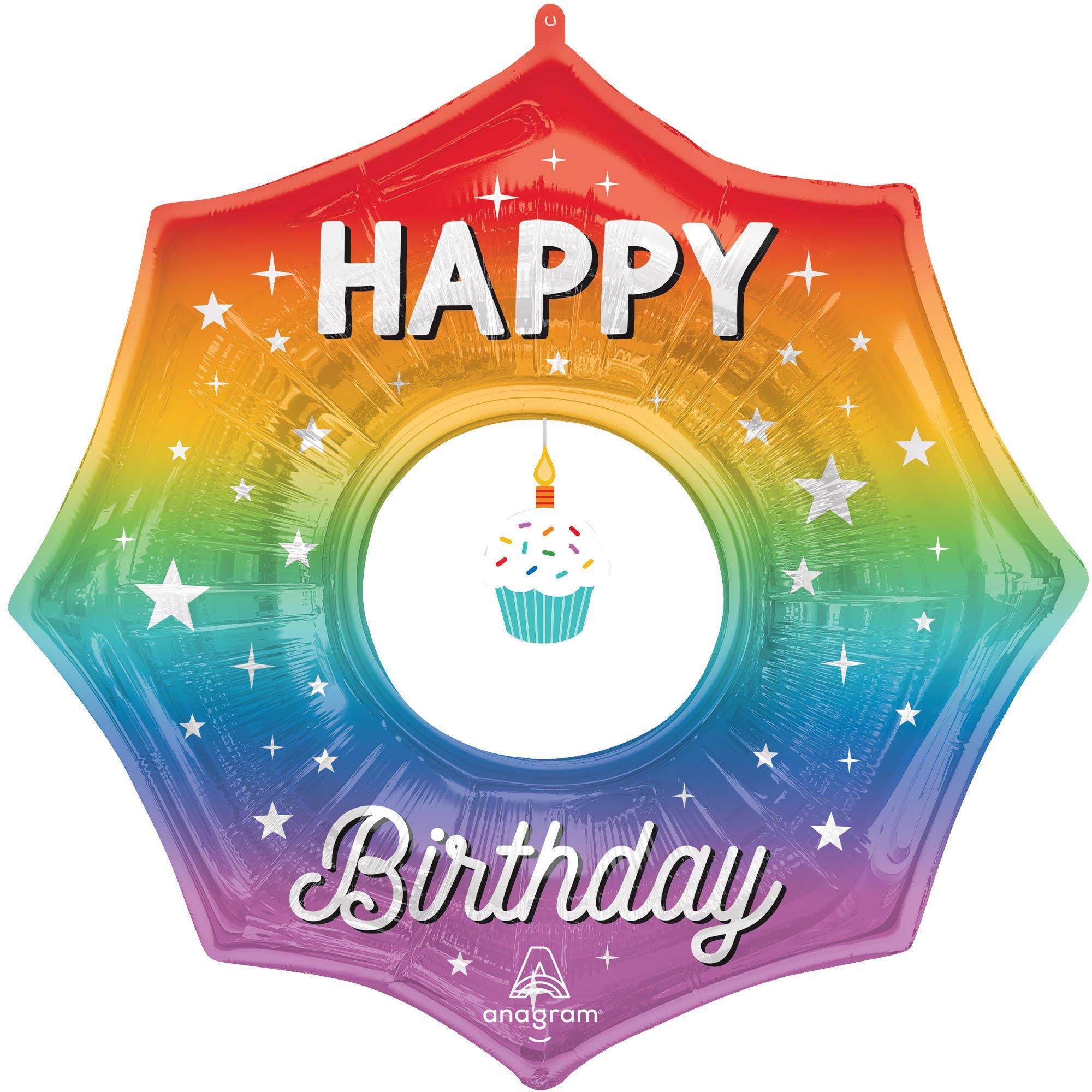 Rainbow Happy Birthday Cupcake Dangler Foil & Plastic Balloon. 33in - Doo-Dad