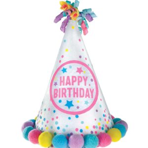 Iridescent Pastel Party Happy Birthday Pom-Pom Party Hat. 8.25in
