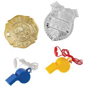Firefighter & Police Officer Badges & Whistles. 12 Sets. 24pc - First Responders