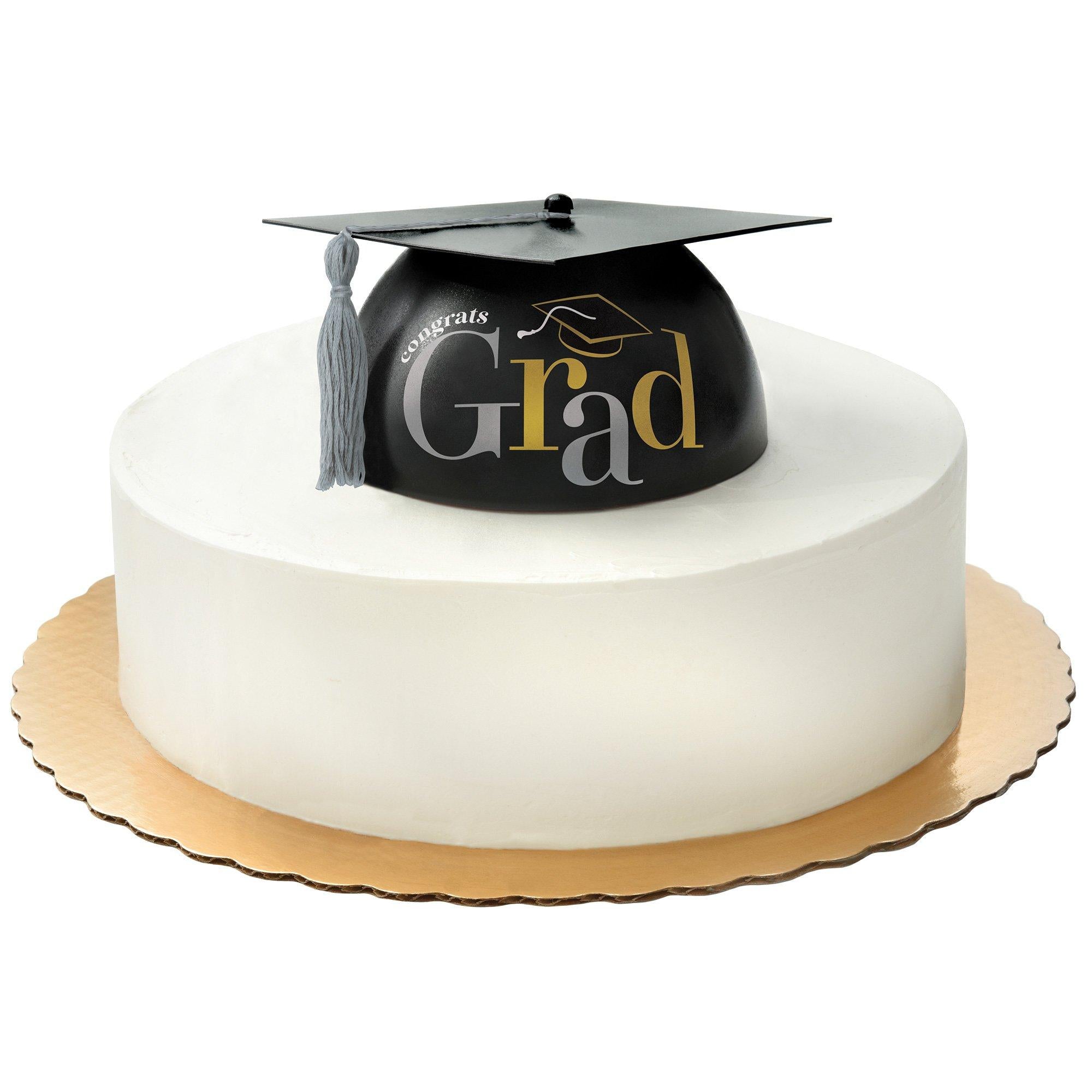Black. Silver & Gold Grad Cap Cake Topper. 7.43in x 3.37in