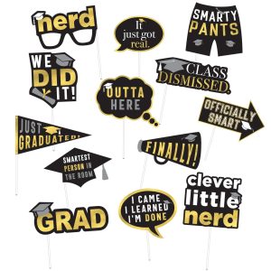 Black. Silver & Gold Graduation Photo Props. 13pc