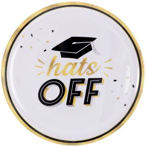 Black & Gold Hats Off Graduation Melamine Round Platter. 13.5in
