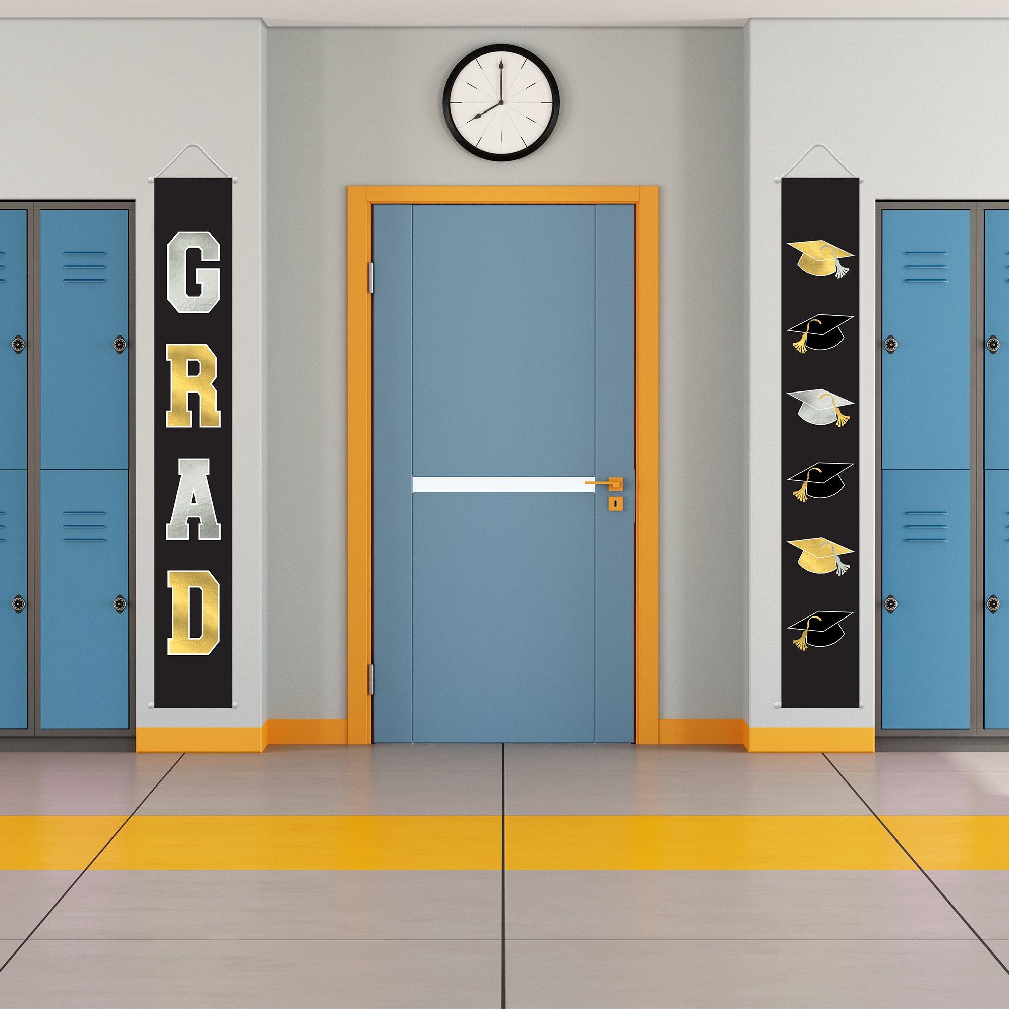 Black. Silver & Gold Graduation Fabric Vertical Banners. 1.1ft x 6ft. 2ct - Image 2