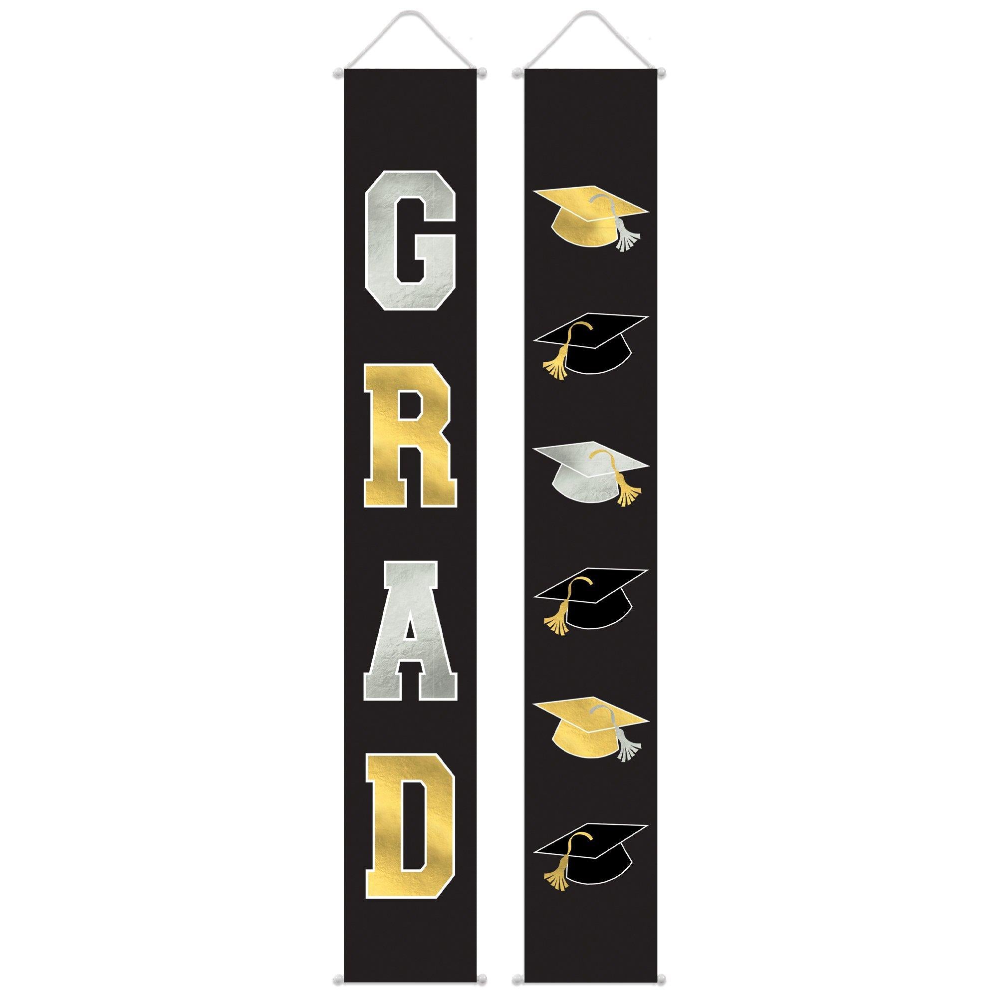 Black. Silver & Gold Graduation Fabric Vertical Banners. 1.1ft x 6ft. 2ct - Image 3