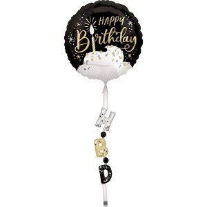 Satin Black. Silver & Gold Happy Birthday Foil Balloon (24in) with Balloon Tail (3.75ft)