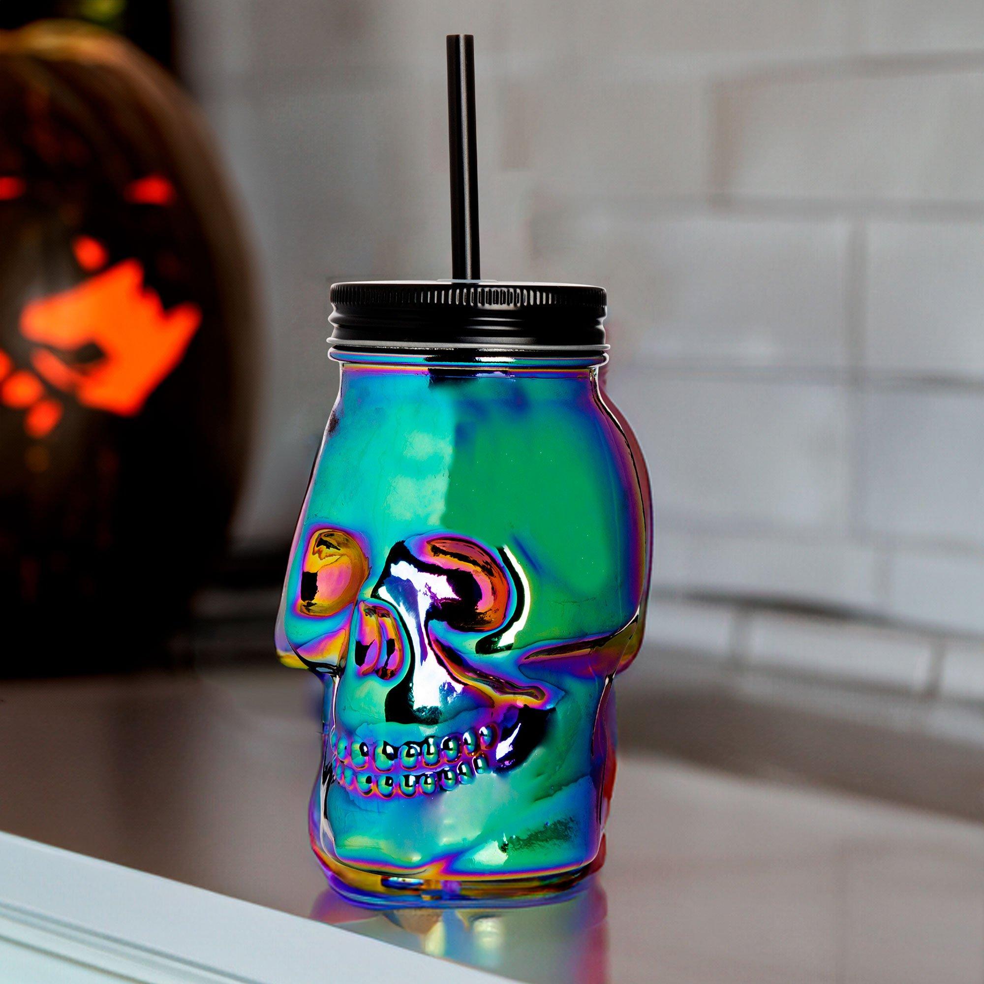 Iridescent Glass Skull Cup with Straw. 16.9oz - Image 4