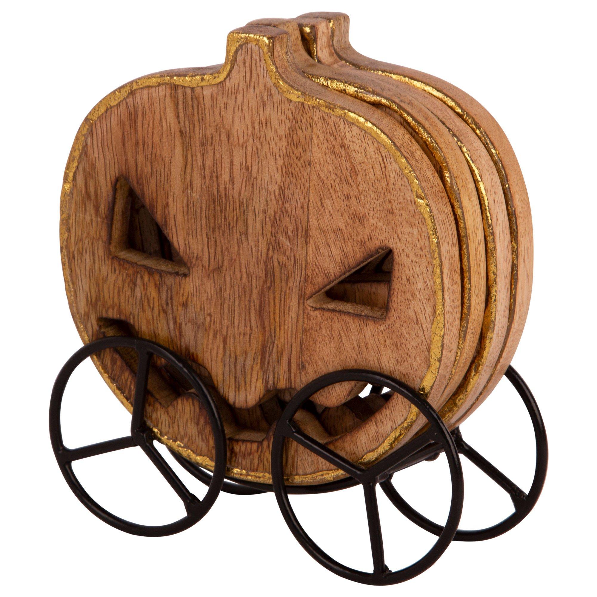 Pumpkin Mangowood Coaster Set with Iron Rack. 5pc