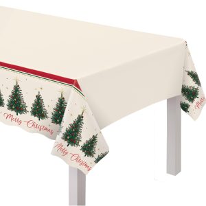 Elegant Evergreen Merry Christmas Plastic Table Cover. 54in x 102in