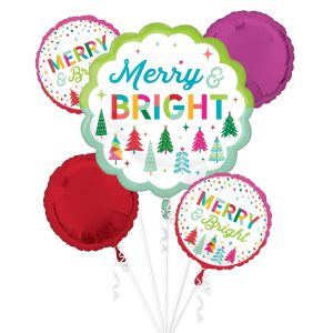 Merry & Bright Christmas Foil Balloon Bouquet. 5pc