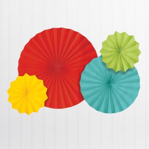 Metallic Border White Paper Fan Decoration Set. 4pc. Assorted Colors