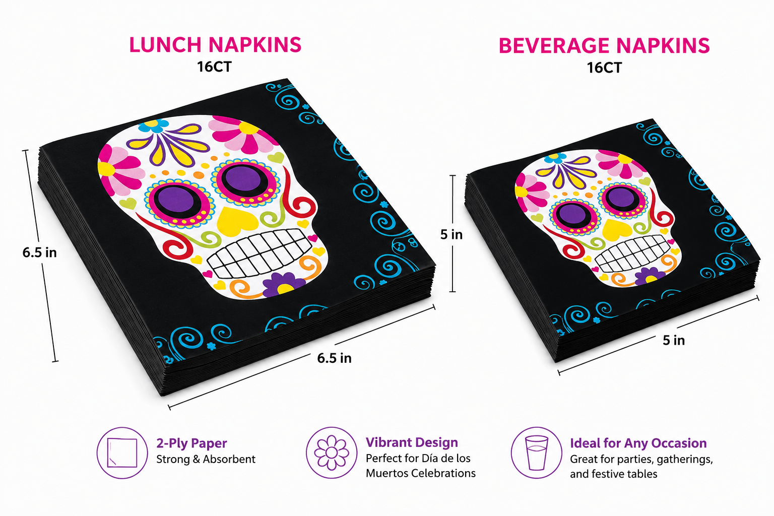 Day of the Dead Sugar Skull Paper Napkins. 16ct - Image 6