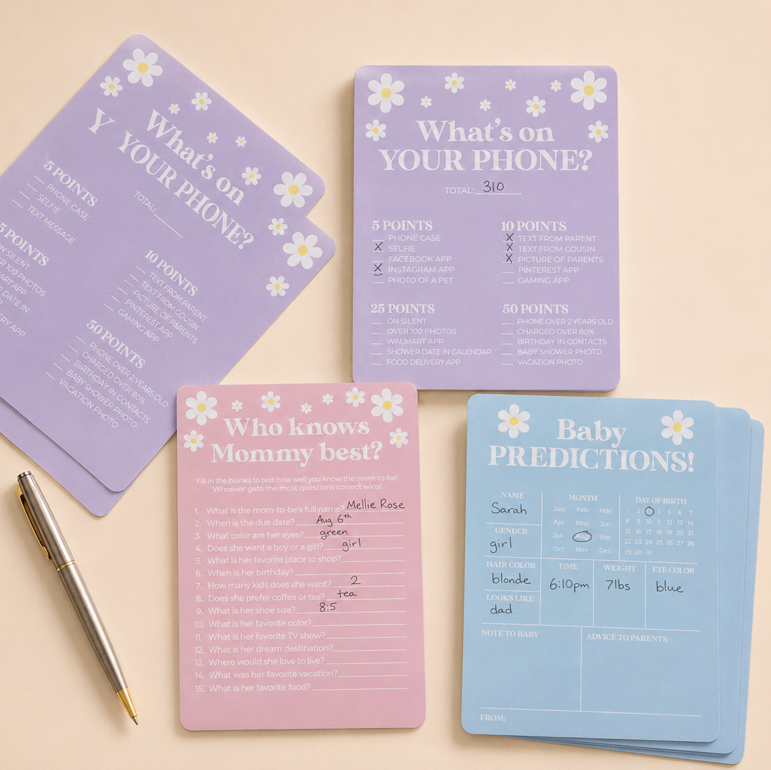 Little Daisy Baby Shower Games for 25 Guests. 75 Sheets. 3 Games - Baby Predictions. What's on Your Phone & Who Knows Mommy Best