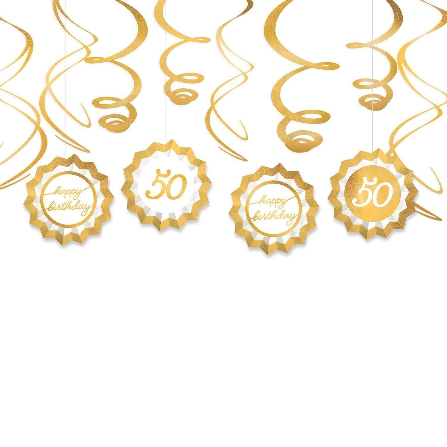 Metallic Golden Age Birthday Paper Fans & Swirl Decorations. 12pc. Ages - Image 7